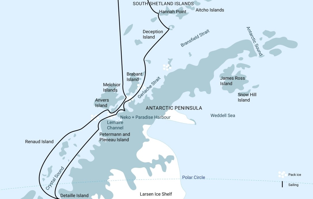 Map for Antarctica - Beyond the Polar Circle - Whale Watching Cruise