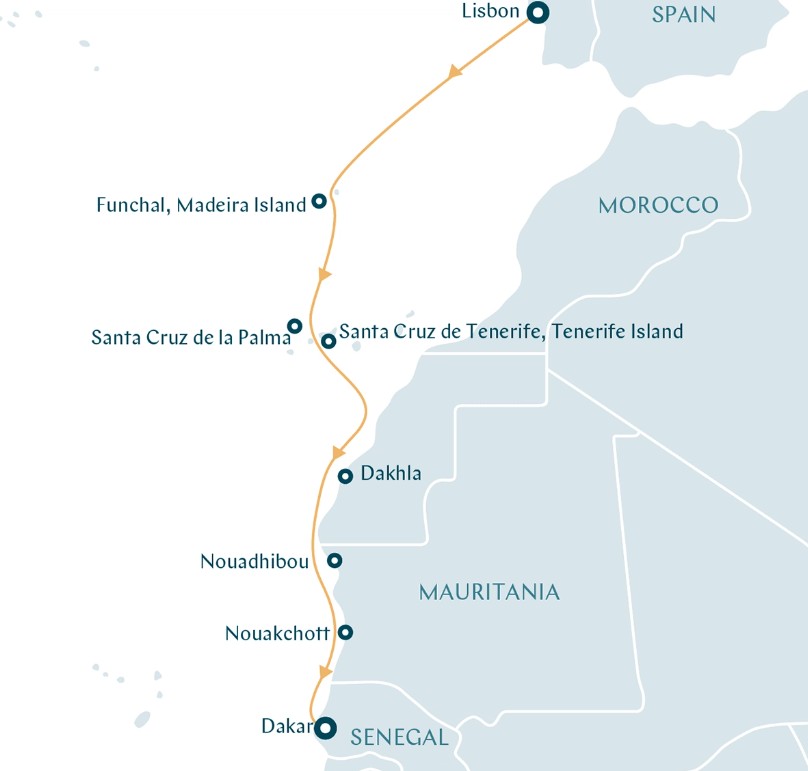 Map for Atlantic Cruise from Portugal to Senegal