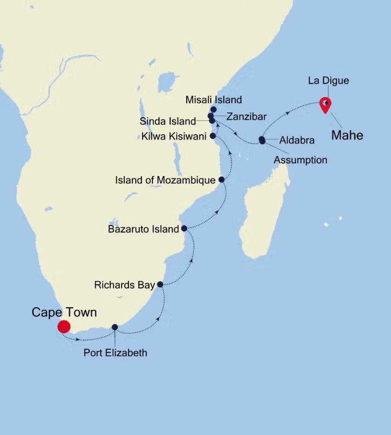 Map for 23 Days South & East Africa Luxury Cruise - Cape Town to Mahe
