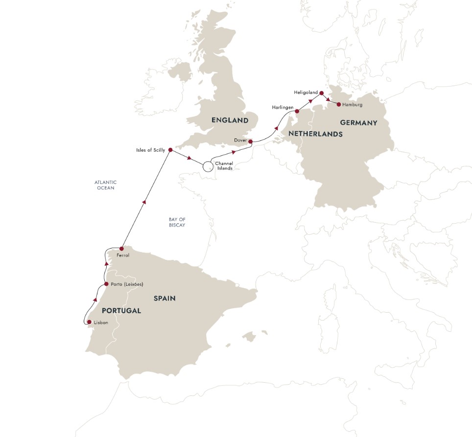Map for European Spring Explorer – From Lisbon to Hamburg Cruise