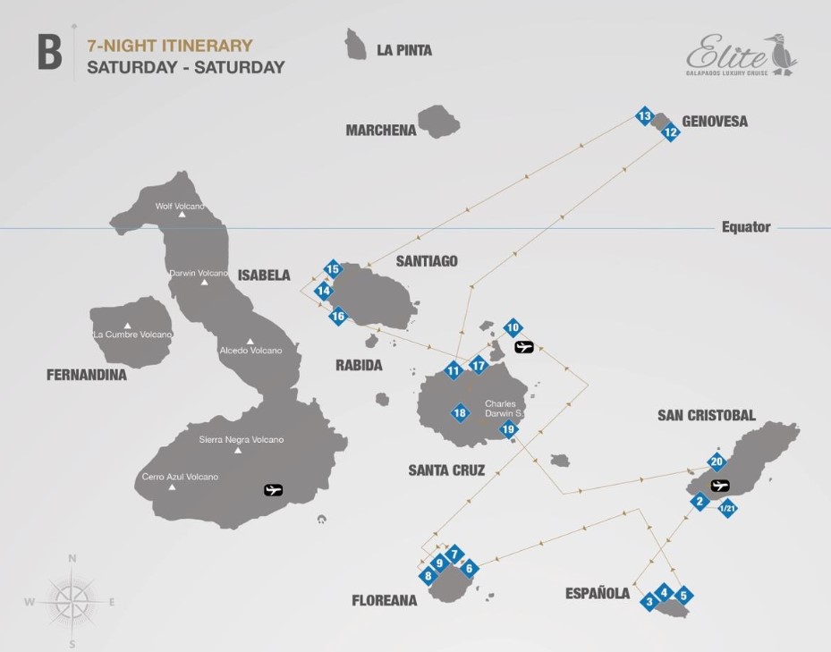 Map for Elite 7-Night Cruise in Southern & Central Galapagos B