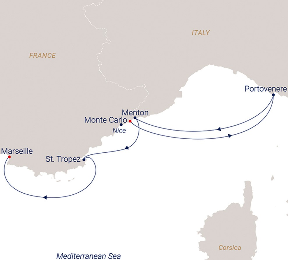 Map for Stylish Hotspots of France & Italy - A Sailing from Monte Carlo to Marseille
