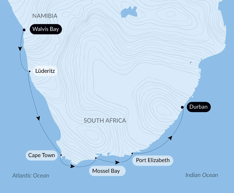 Map for Namibian & South African Coastlines Luxury Small Ship Cruise