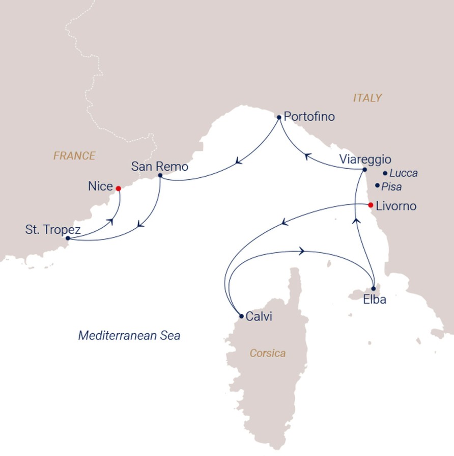 Map for Luxury Lifestyle, Relaxing Beats - A Sailing from Livorno to Nice