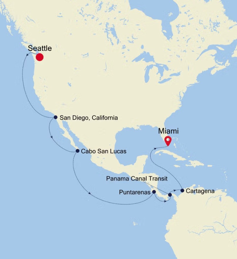 Map for 23 Days Luxury Central America Cruise - Seattle to Miami