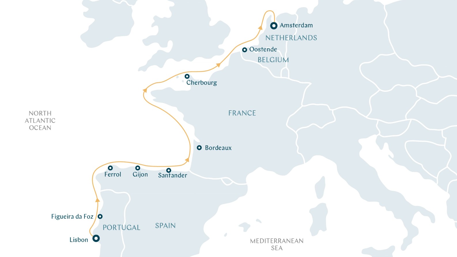 Map for Western Europe Cruise from Portugal to the Netherlands